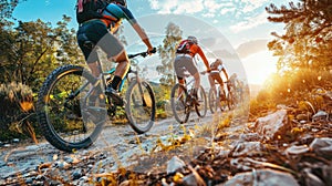 Mountain bikers riding through a forest trail at sunset.