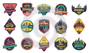 Mountain bikes badge. Downhill sticker, outdoor freestyle bicycle and bike riders emblems vector set