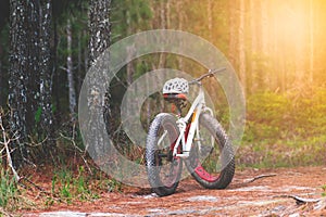 Mountain bikes and white helmets with pine tree forests background