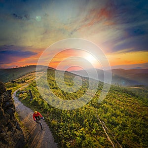 Mountain biking cycling at sunset in summer mountains forest lan photo