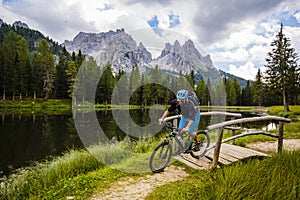 Mountain biking in the Dolomites, Misurina, Italy. Tre Cime di L