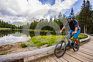 Mountain biking in the Dolomites, Misurina, Italy. Tre Cime di L