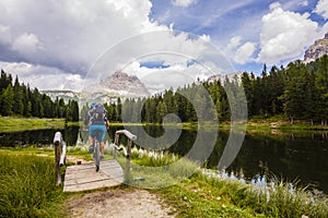 Mountain biking in the Dolomites, Misurina, Italy. Tre Cime di L