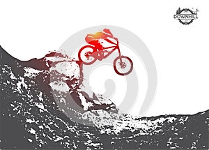 Mountain biking, downhill, freeride, extreme sport illustration. Vector Silhouette. Jumping from hill on the bike