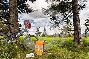 Mountain biking equipment in the woods, bikepacking