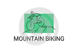 Mountain biking sport vector line icon. sportman with Mountain bike.