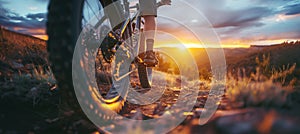 Mountain biking at sunset, capturing essence of adventure and outdoor thrill. Silhouette of cyclist on rugged trail against golden photo