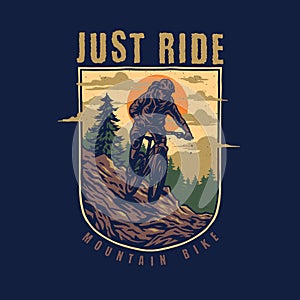 Mountain Biking t shirt graphic design, hand drawn line style with digital color