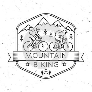 Mountain biking. Vector illustration. Concept for shirt or logo, print, stamp or tee. Vintage line art design with man