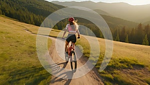 Mountain biking woman riding on bike in summer mountains forest