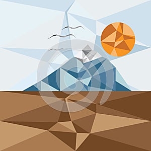 mountain,birds and sun, vector polygon