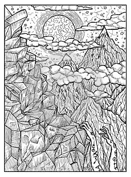 Mountain. Black and white mystic concept for Lenormand oracle tarot card