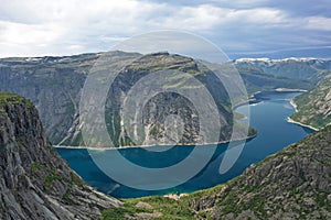 Mountain blue lake Ringedalsvatnet landscape, Norway