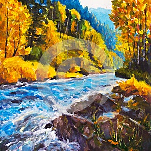 Mountain blue river running away into golden autumn - Original oil painting on canvas. Beautiful landscape. Modern impressionism