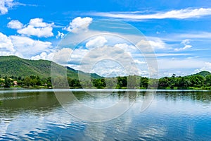 Mountain and blue sky landscape with lake.