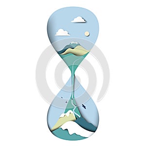 Mountain with blue sky landscape in sand houseglass/clock, paper art/paper cutting