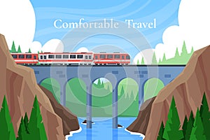 Mountain bridge. Speed railway. Comfortable train travel. Rail business trip. Tourist excursion. Sky and forest