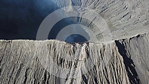 Mountain Bromo active volcano crater in East Jawa, Indonesia. Top view from drone fly. 4K footage