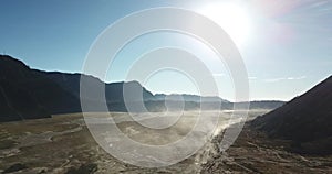 Mountain Bromo active volcano crater in East Jawa, Indonesia. Top view from drone fly. 4K footage