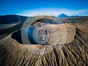 Mountain Bromo active volcano crater in East Jawa, Indonesia. Top view from drone fly