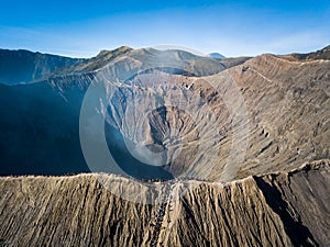 Mountain Bromo active volcano crater in East Jawa, Indonesia. Top view from drone fly