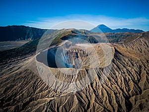 Mountain Bromo active volcano crater in East Jawa, Indonesia. Top view from drone fly