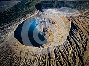 Mountain Bromo active volcano crater in East Jawa, Indonesia. Top view from drone fly