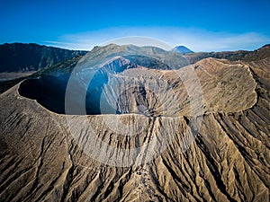 Mountain Bromo active volcano crater in East Jawa, Indonesia. Top view from drone fly