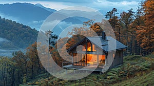 eco-friendly mountain retreat, mountain cabin with big windows showcasing stunning views promotes eco-conscious travel photo