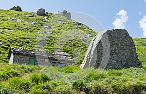 Mountain cabin built with stone