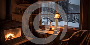 mountain cabin cozy fireplace hot chocolate one generative AI