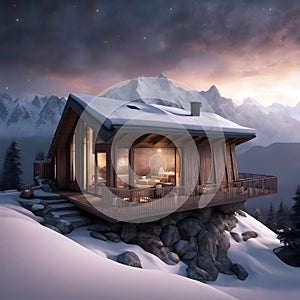 Mountain Cabin In An EveningGlow