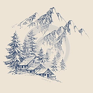 Mountain cabin hand drawing