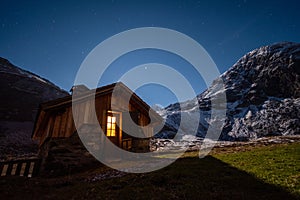 Mountain cabin hut at night, Alps, Vanoise national park, France