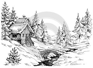 Mountain cabin in the woods near river