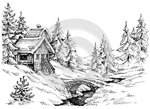 Mountain cabin in the woods near river photo