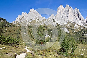 Mountain Cadini Group next to the cottage Rifugio Citta di Carpi, Dolomites in South Tyrol