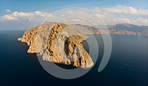 Aerial view of the Cabo Tinoso lighthouse with the bay on the Mediterranean Sea. photo