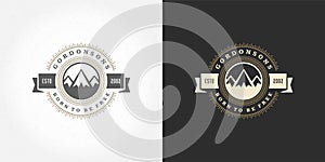 Mountain camping logo emblem outdoor landscape vector illustration rock hills silhouette for shirt or print stamp