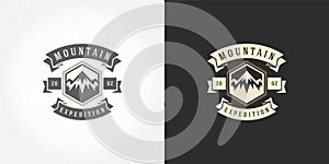 Mountain camping logo emblem outdoor landscape vector illustration rock hills silhouette for shirt or print stamp