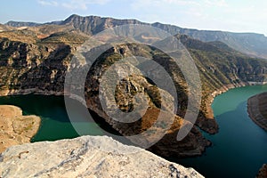 A mountain canyon and the Botan River (a tributary of the Tigris River) in a national park near Siirt in Turkey