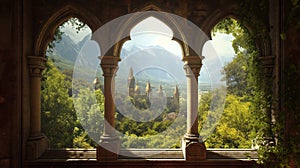 Mountain and castle in front of garden, in style of fantasy settings, architectural vignettes, arched doorways, landscape