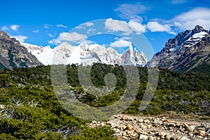 Mountain chain with Cerro Torre at the Laguna Torre trek in the Los Glaciares National Park