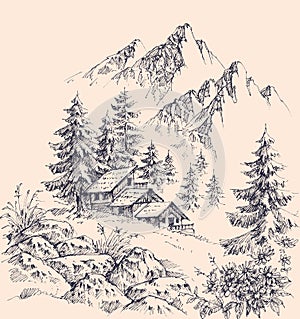 Mountain chalet vector hand drawing