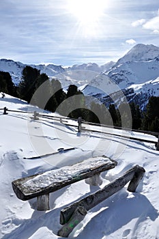 Mountain chalet, wood bench