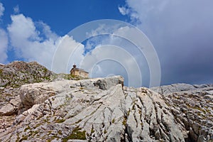 Mountain chapel located near to Simonhytutte opposite to Dachstein glacier, in Austrian Alps during summer, Salzkammergut region