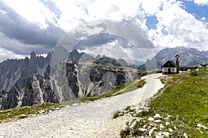 Mountain chapel near Tre Cime di Lavaredo in Dolomites Alps