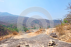 Mountain or cliff have sand and rock with blue sky at Op Luang National Park, Hot, Chiang Mai, Thailand. Hot weather and arid