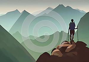 A mountain climber is Illustrated against a gorgeous mountain backdrop