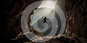 Mountain Climber Jumping Across Precipice. Adventure and Risk-taking Concept. Generative AI